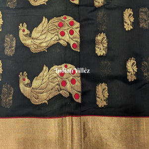 Black Peacock Flower Design Handloom Pure Chanderi Silk Saree