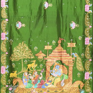 Green Boita Raasleela Hand-Painted Pattachitra Silk Saree