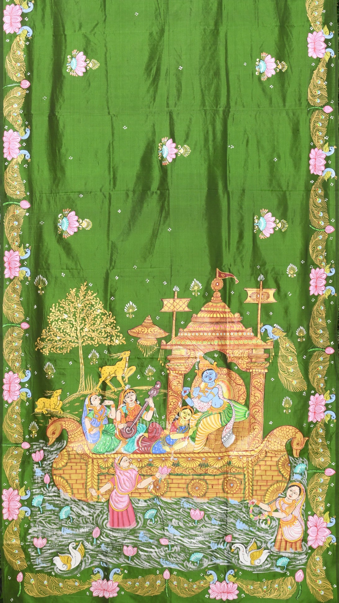 Green Boita Raasleela Hand-Painted Pattachitra Silk Saree