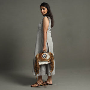Brown - Handcrafted Fur Leather Fringe Sling Bag with Blue Stone