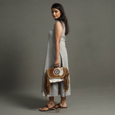 Brown - Handcrafted Fur Leather Fringe Sling Bag with Blue Stone