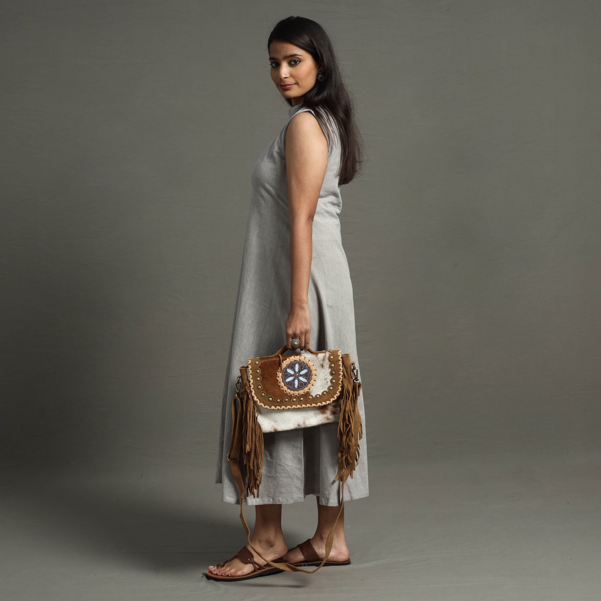 Brown - Handcrafted Fur Leather Fringe Sling Bag with Blue Stone