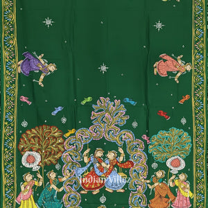 Green Raja Nartaki Theme Hand-Painted Pattachitra Saree