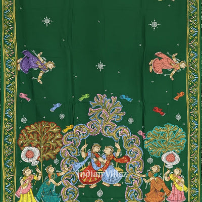 Green Raja Nartaki Theme Hand-Painted Pattachitra Saree