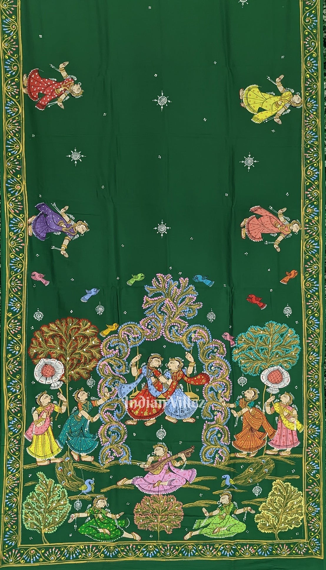 Green Raja Nartaki Theme Hand-Painted Pattachitra Saree
