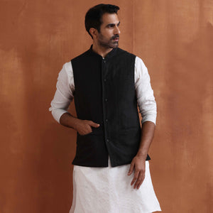 trueBrowns Men's Black Textured Cotton Dobby Nehru Jacket