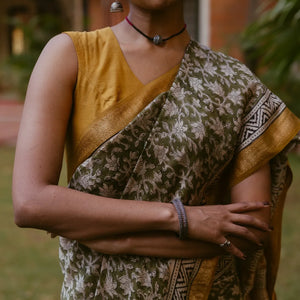 Green Handloom Chanderi Cotton Saree With Printed Floral Motifs