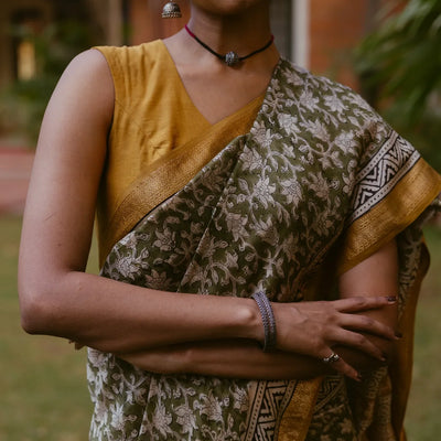 Green Handloom Chanderi Cotton Saree With Printed Floral Motifs