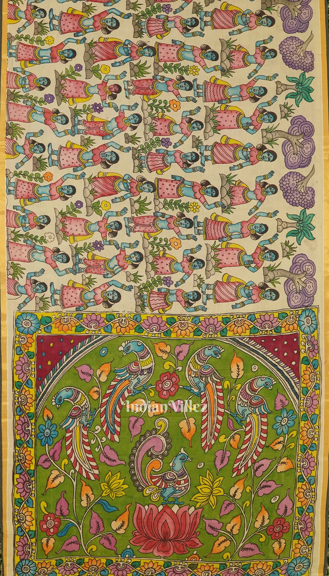 Off White Hand-Painted Natural Dye Cotton Kalamkari Saree