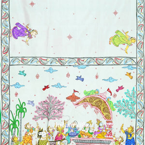White Mathura Bijaya Theme Hand-Painted Pattachitra Saree