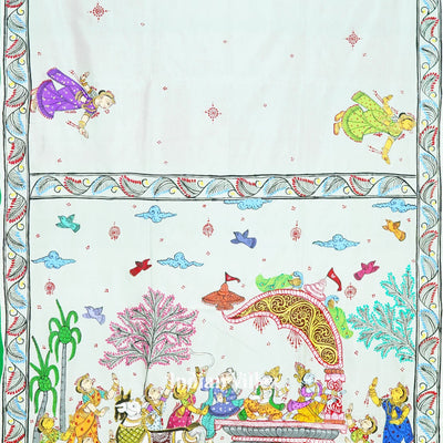 White Mathura Bijaya Theme Hand-Painted Pattachitra Saree