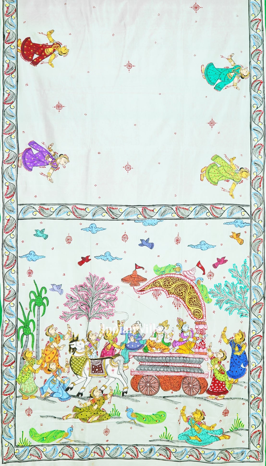 White Mathura Bijaya Theme Hand-Painted Pattachitra Saree