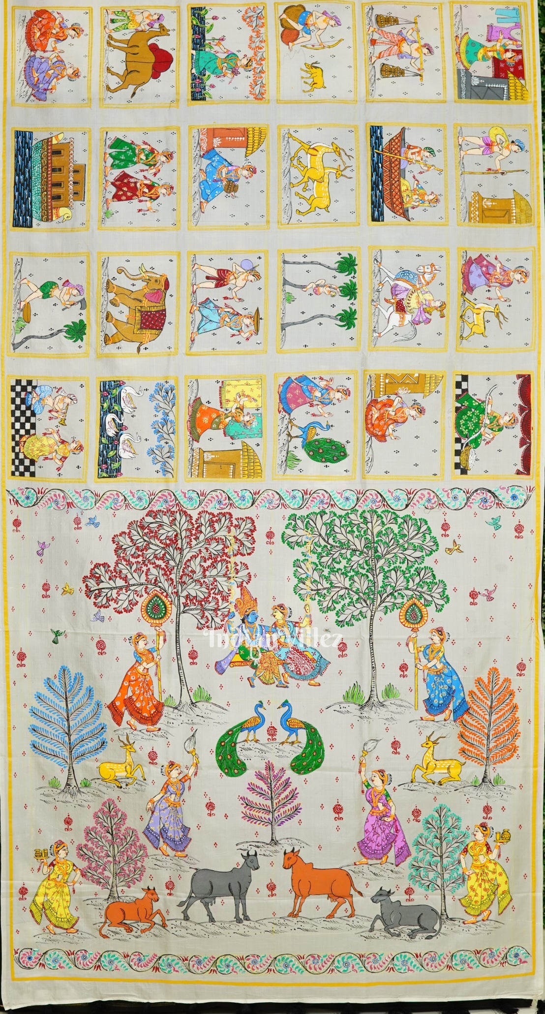 Silver Radha Krishna Villege Theme Hand-painted Pattachitra Saree