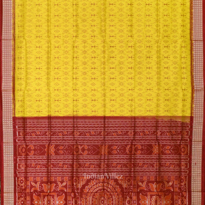 Lemon Yellow Maroon Tribal Theme Sambalpuri Silk Saree