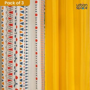 Cotton Curtains Combo, Set of 3 curtains, 60-65% Room Darkening Curtain - Orange & Aura Yellow