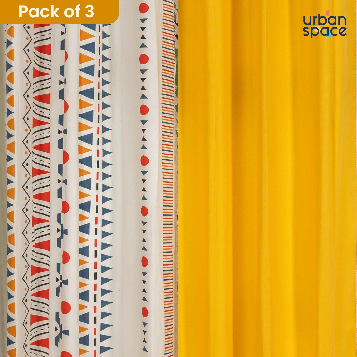 Cotton Curtains Combo, Set of 3 curtains, 60-65% Room Darkening Curtain - Orange & Aura Yellow