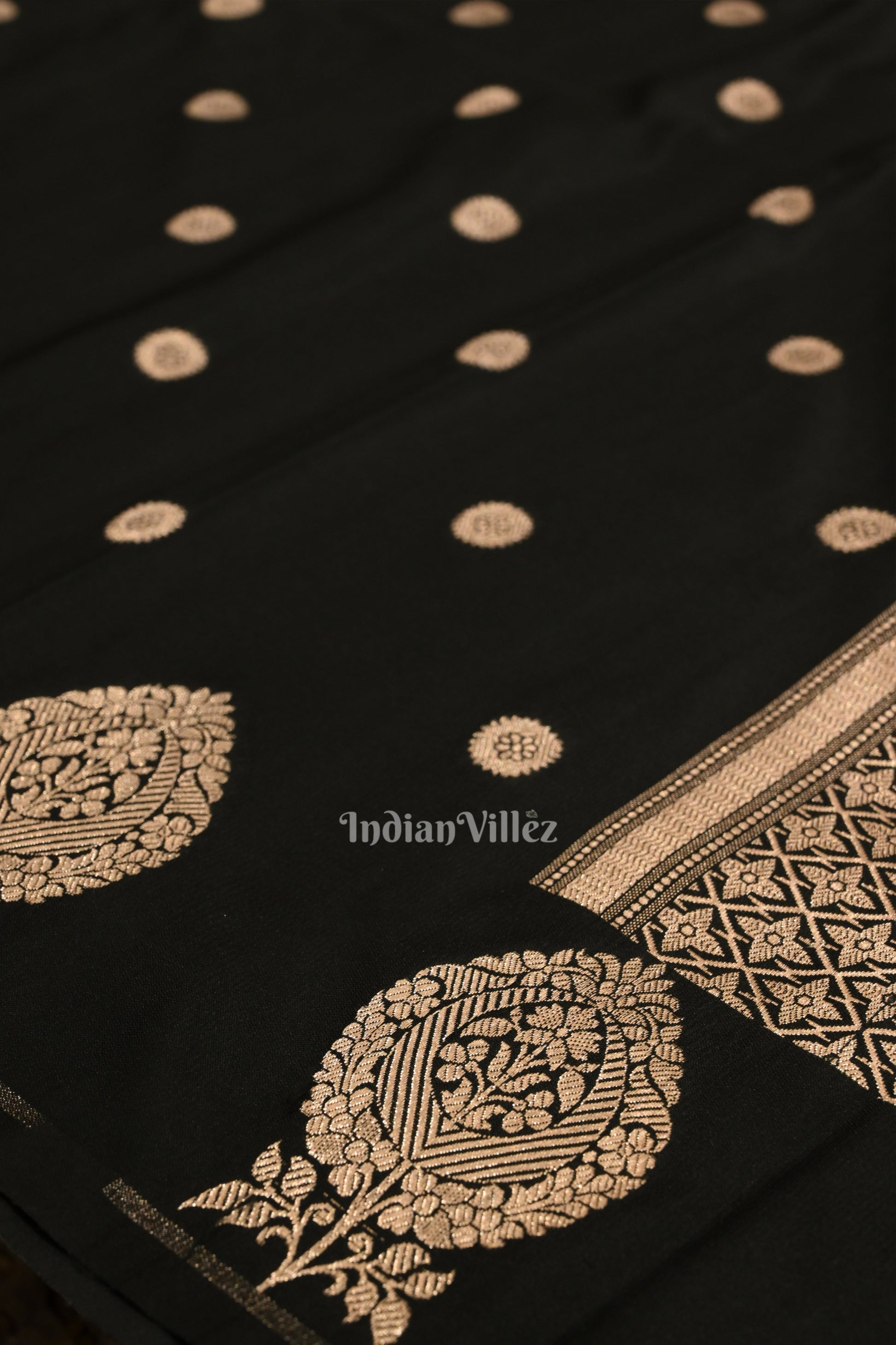 Black Floral Motif Mashru Satin Silk Banarasi Saree