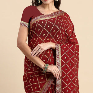 Maroon Floral Foil Printed Zomato Saree