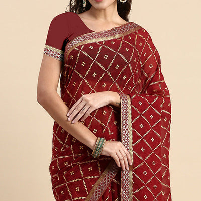 Maroon Floral Foil Printed Zomato Saree