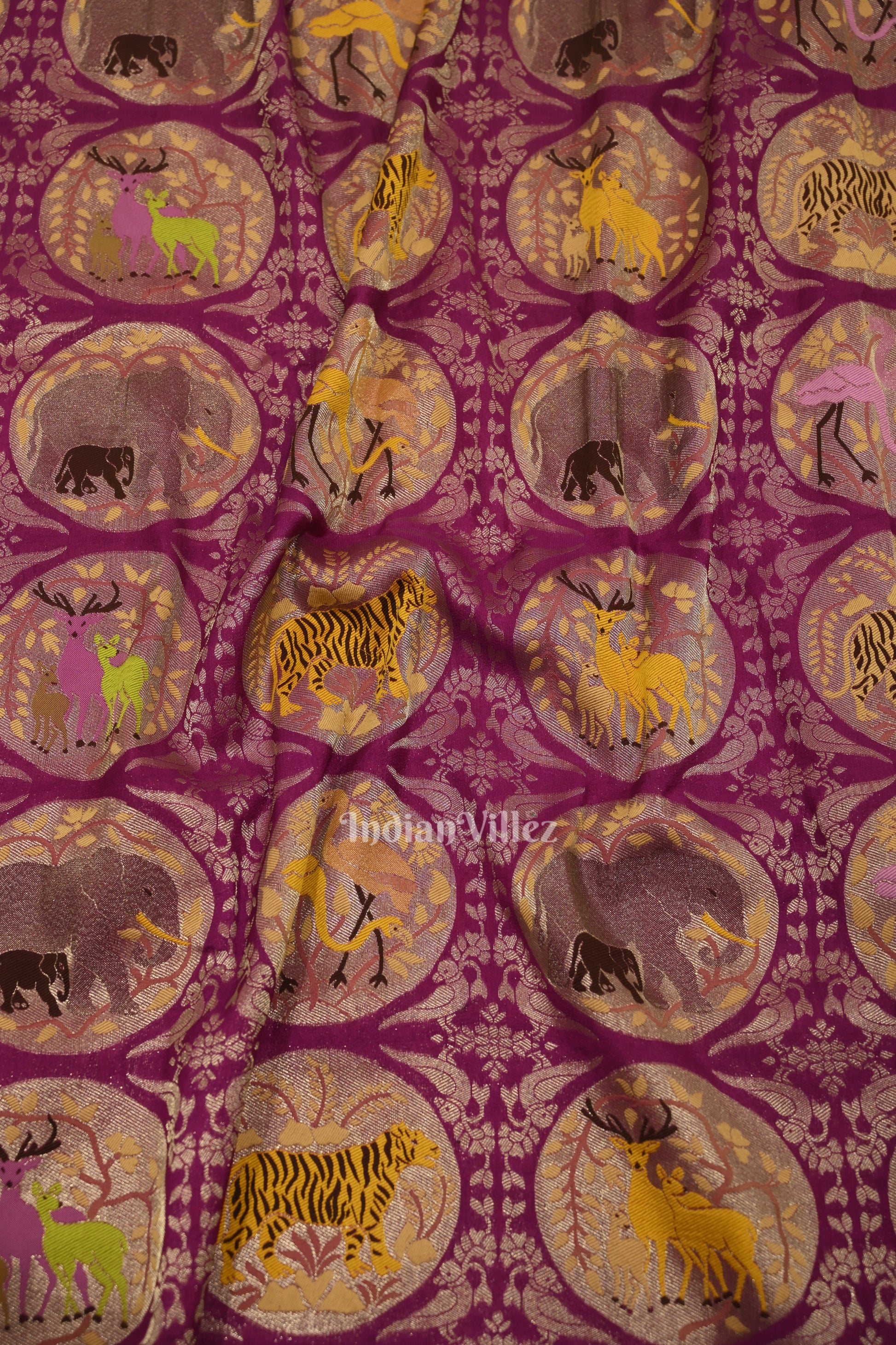 Jam Purple Shikargah Theme Khaddi Georgette Banarasi Saree