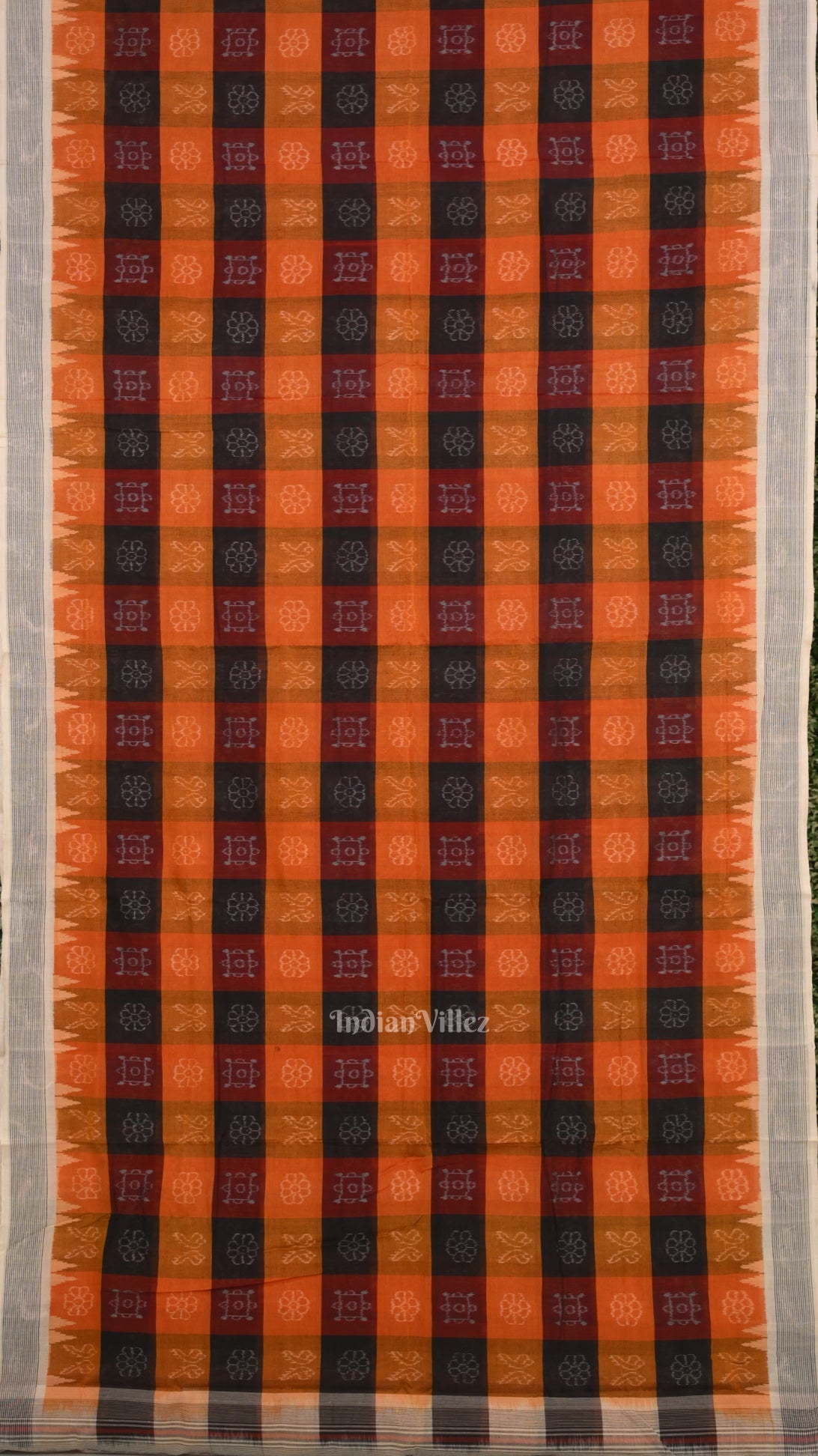 Orange Black Pure Sambalpuri Cotton Saree