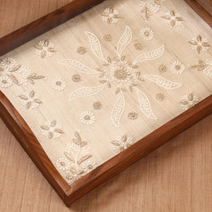 Beige - Chikankari Zari Hand Embroidered Sheesham Wood Tray