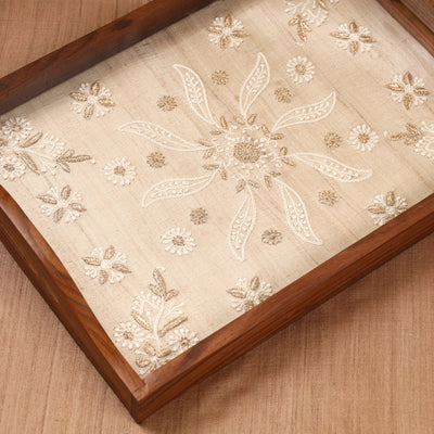 Beige - Chikankari Zari Hand Embroidered Sheesham Wood Tray