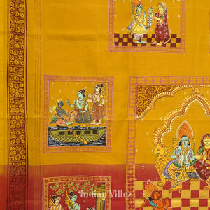 Yellow Ramayan Theme Hand-Painted Pattachitra Saree