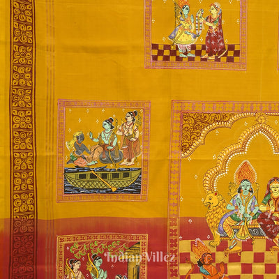Yellow Ramayan Theme Hand-Painted Pattachitra Saree