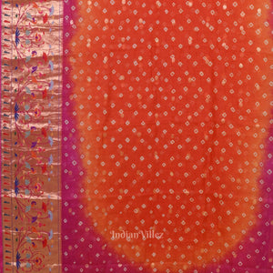 Dark Orange Pink Bandhini  Banarasi Kota Silk Saree with Paithani Border
