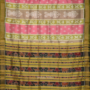 Pink Olive Green Fish Motif Odisha Ikat Khandua Silk Saree