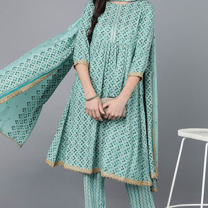 Sea Green Cotton blend Anarkali Kurta Pant With Dupatta VKSKD1463