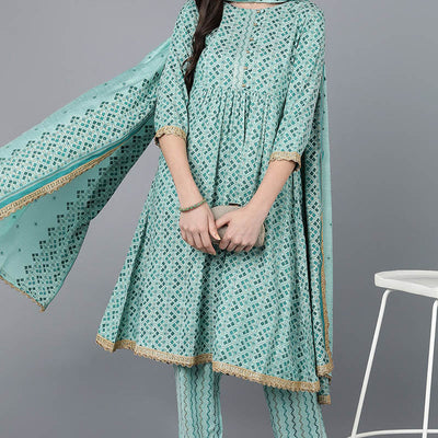 Sea Green Cotton blend Anarkali Kurta Pant With Dupatta VKSKD1463