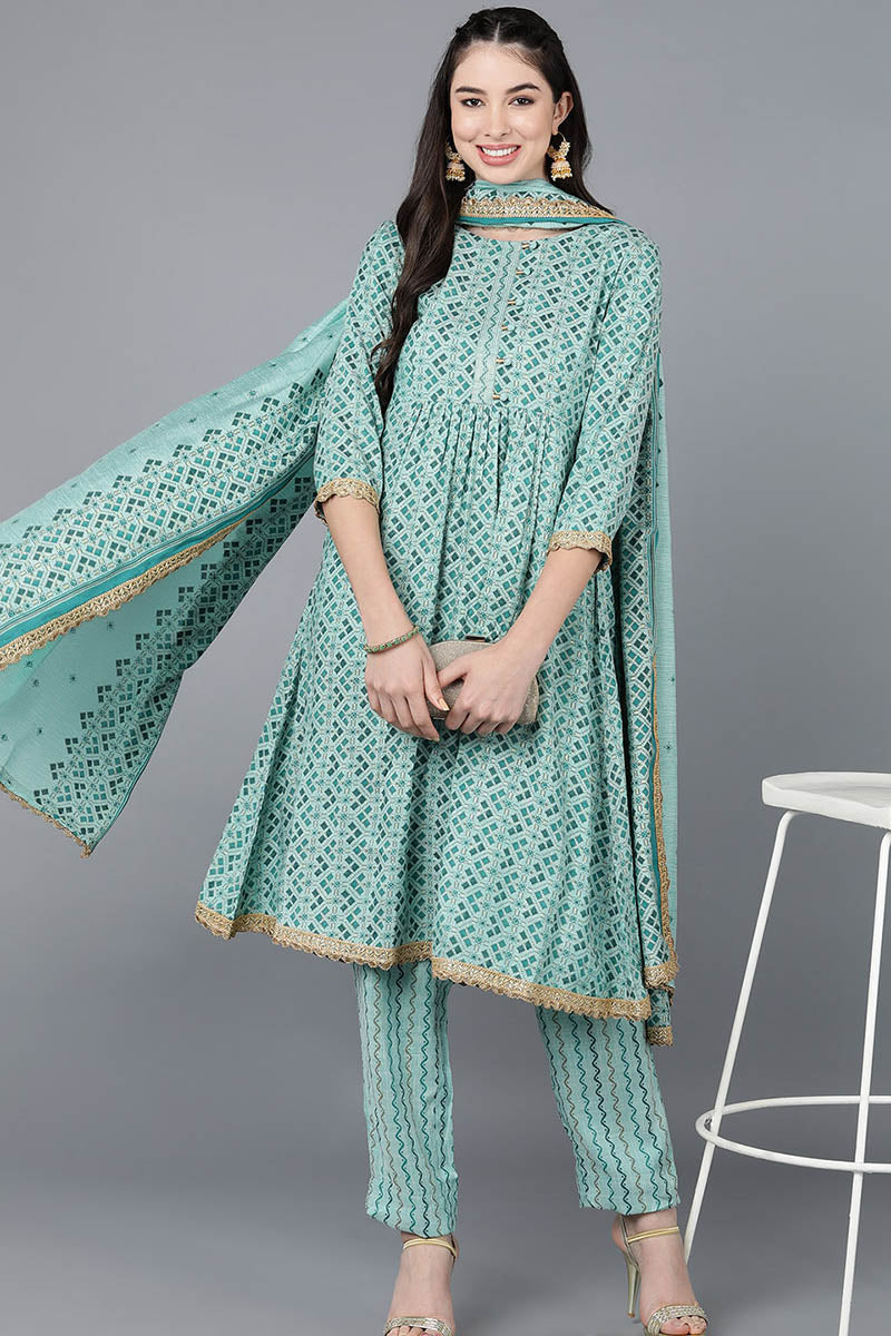 Sea Green Cotton blend Anarkali Kurta Pant With Dupatta VKSKD1463