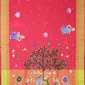Pink Orange Radha Krishna Raasleela Hand-Painted Pattachitra Saree
