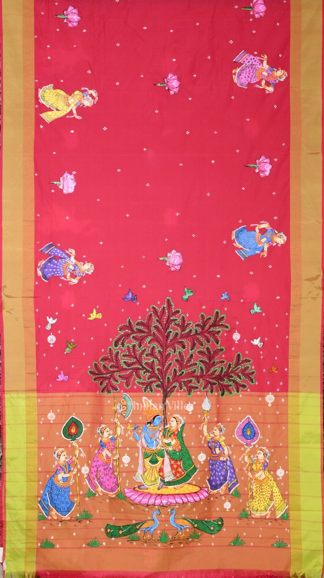 Pink Orange Radha Krishna Raasleela Hand-Painted Pattachitra Saree