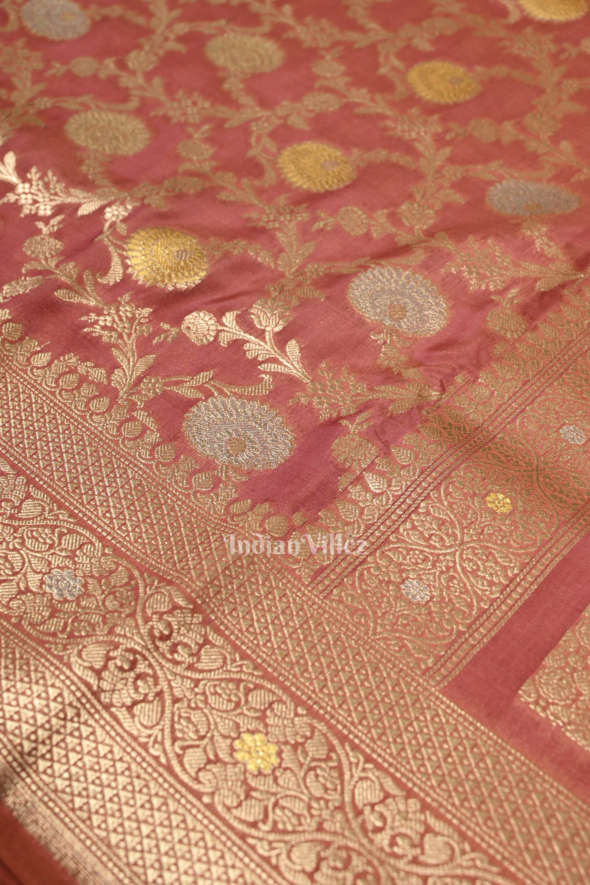 Peach Pink Meenakari Pure Mashru Satin Silk Banarasi Saree