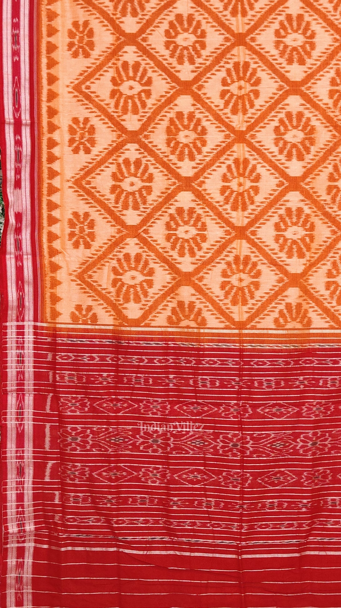 Light Yellow Red Bada Phula Odisha Ikat Maniabandha Cotton Saree