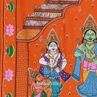 Orange Ramayana Theme Hand-Painted Pattachitra Saree