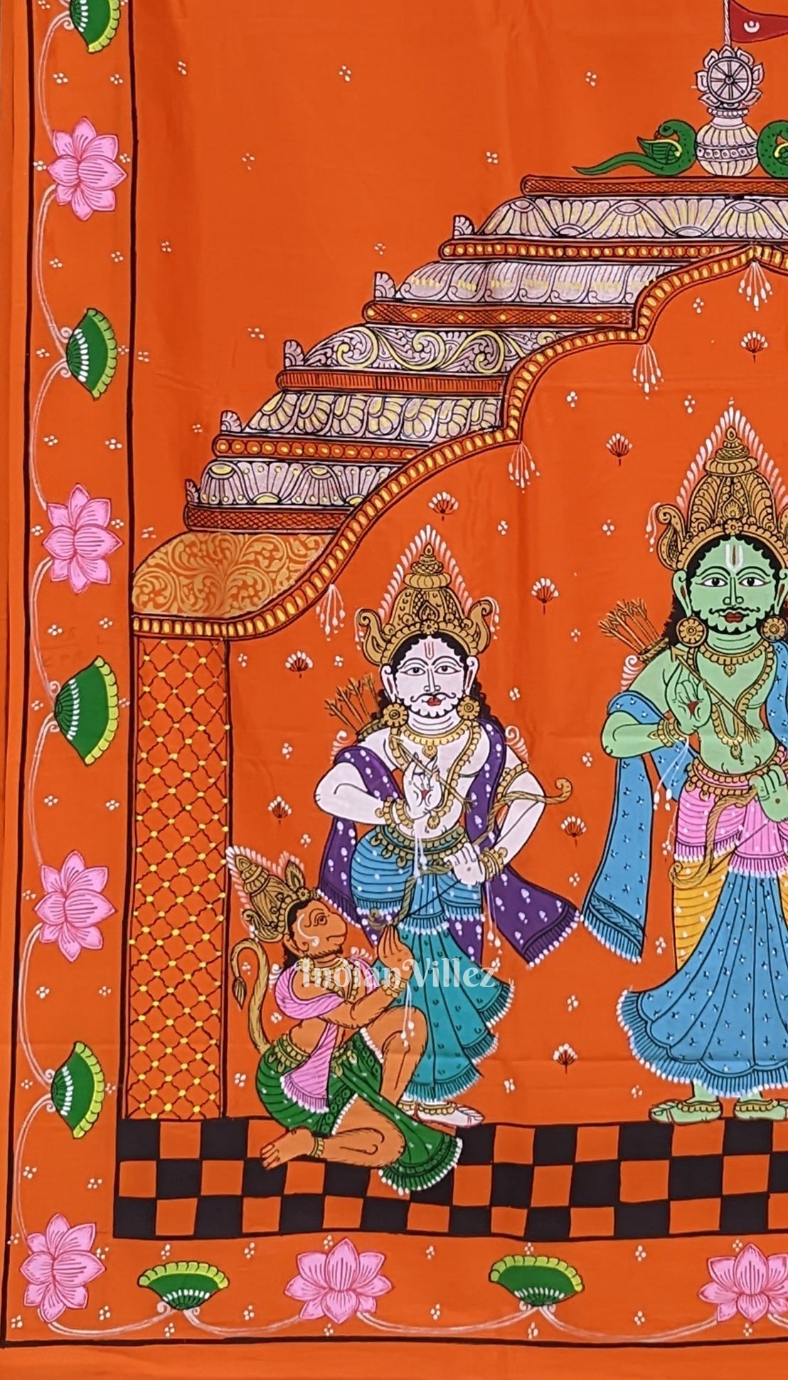 Orange Ramayana Theme Hand-Painted Pattachitra Saree