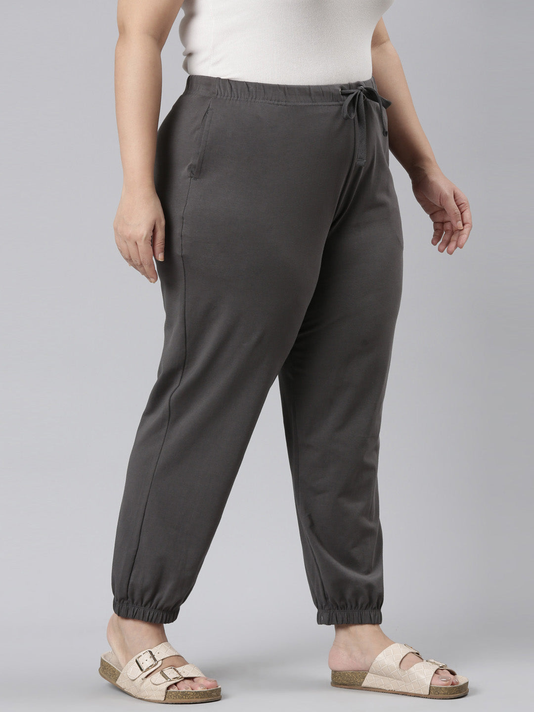 Women Solid Silver Grey Mid Rise Cotton Casual Joggers