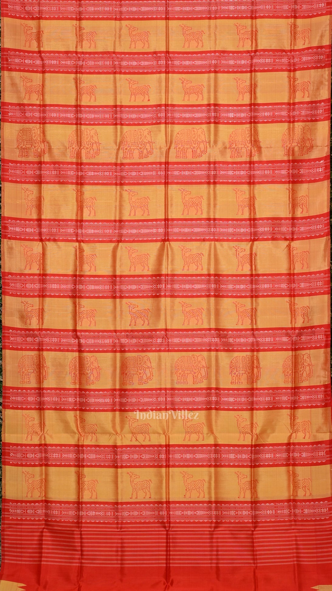 Golden Red Fish Motif Double Pallu Berhampuri Silk Saree