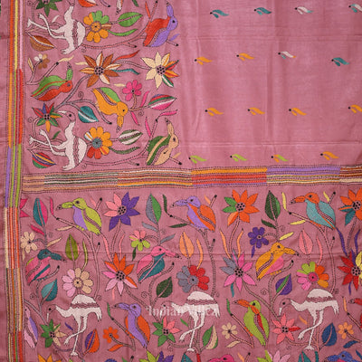 Peach Pink Handwoven Kantha Stitch Silk Saree