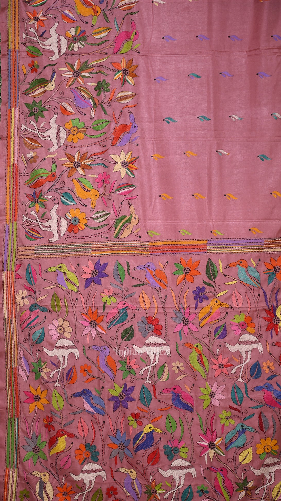 Peach Pink Handwoven Kantha Stitch Silk Saree
