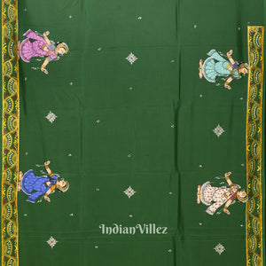 Green Ramayana Theme Hand-Painted Pattachitra Saree