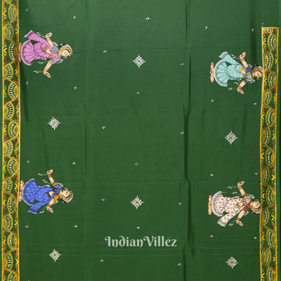 Green Ramayana Theme Hand-Painted Pattachitra Saree