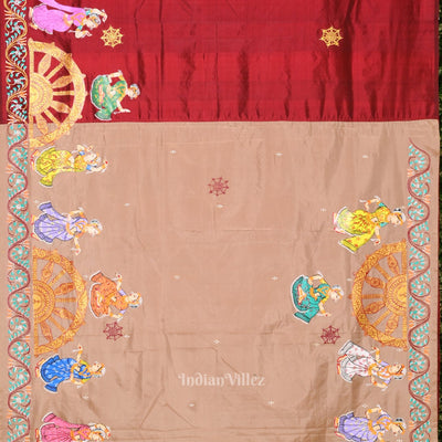 Beige Cream Maroon Nataki Konark Temple Hand-Painted Pattachitra Saree