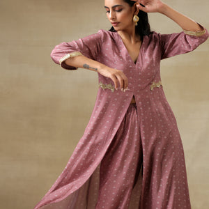 Dark Mauve Bandhani Printed Silk Front Slit Kurta Pant Set | Relove