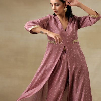 Dark Mauve Bandhani Printed Silk Front Slit Kurta Pant Set | Relove
