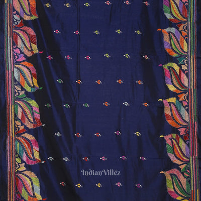 Royal Blue Handwoven Kantha Stitch Silk Saree